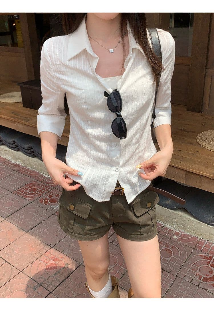 원본 자카드 원단 화이트 중간 소매 허리 수축 여성 셔츠 여름 높음 지혜 센스 순수한 욕망 바람 작은 맨위 상세 이미지 9