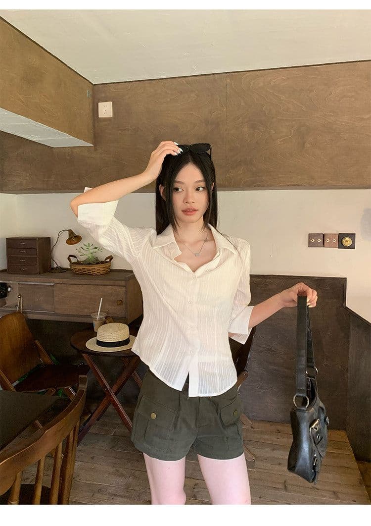 원본 자카드 원단 화이트 중간 소매 허리 수축 여성 셔츠 여름 높음 지혜 센스 순수한 욕망 바람 작은 맨위 상세 이미지 13