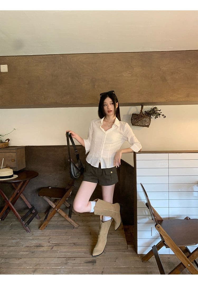 원본 자카드 원단 화이트 중간 소매 허리 수축 여성 셔츠 여름 높음 지혜 센스 순수한 욕망 바람 작은 맨위 상세 이미지 14