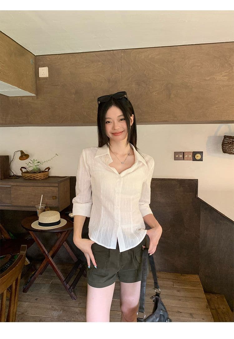 원본 자카드 원단 화이트 중간 소매 허리 수축 여성 셔츠 여름 높음 지혜 센스 순수한 욕망 바람 작은 맨위 상세 이미지 19