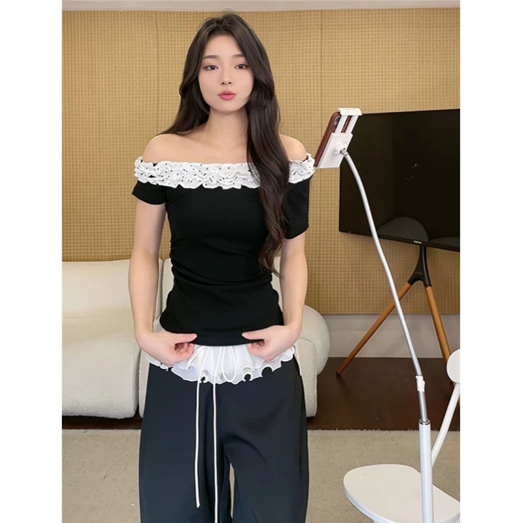 사람들 면 260 그램 프랑스식 디자인 센스 다중 레이어 레이스 비스듬한 칼라 반팔 티셔츠 여름 핫걸 오프숄더 맨위