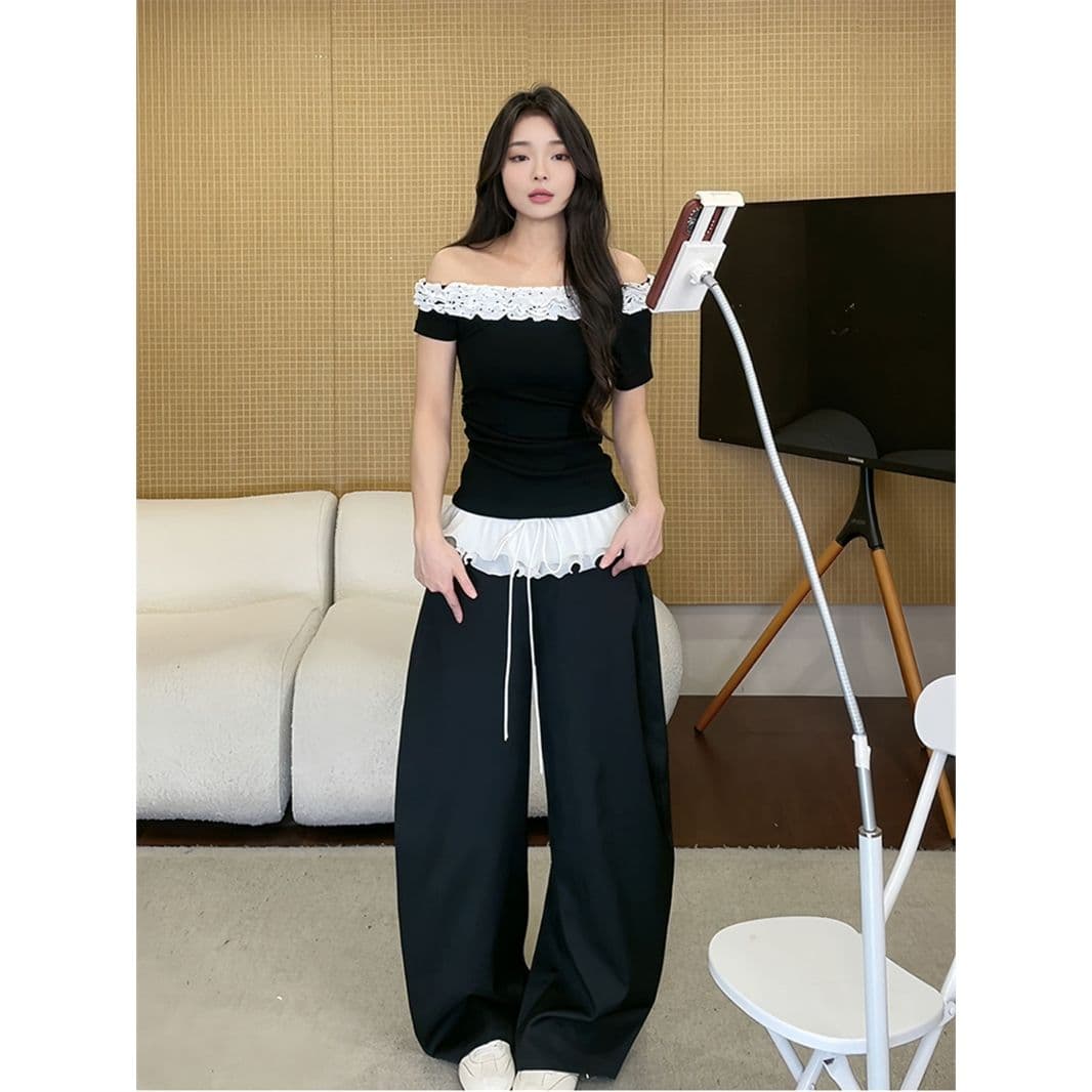 사람들 면 260 그램 프랑스식 디자인 센스 다중 레이어 레이스 비스듬한 칼라 반팔 티셔츠 여름 핫걸 오프숄더 맨위 이미지 3