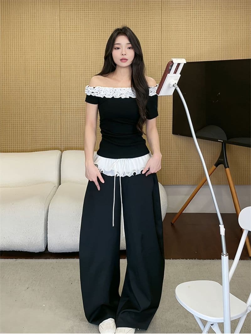 사람들 면 260 그램 프랑스식 디자인 센스 다중 레이어 레이스 비스듬한 칼라 반팔 티셔츠 여름 핫걸 오프숄더 맨위 상세 이미지 4