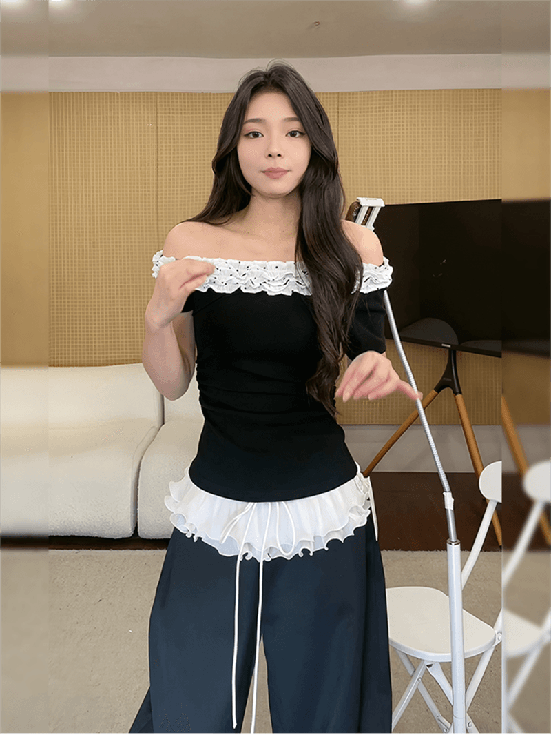 사람들 면 260 그램 프랑스식 디자인 센스 다중 레이어 레이스 비스듬한 칼라 반팔 티셔츠 여름 핫걸 오프숄더 맨위 상세 이미지 5