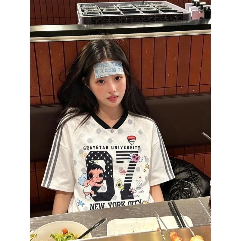 있음 선적 원본 명중 이사회 좋은 품질 원본 네클라인 광저우 원단 V넥 반팔 티셔츠 여성 상세 이미지 2