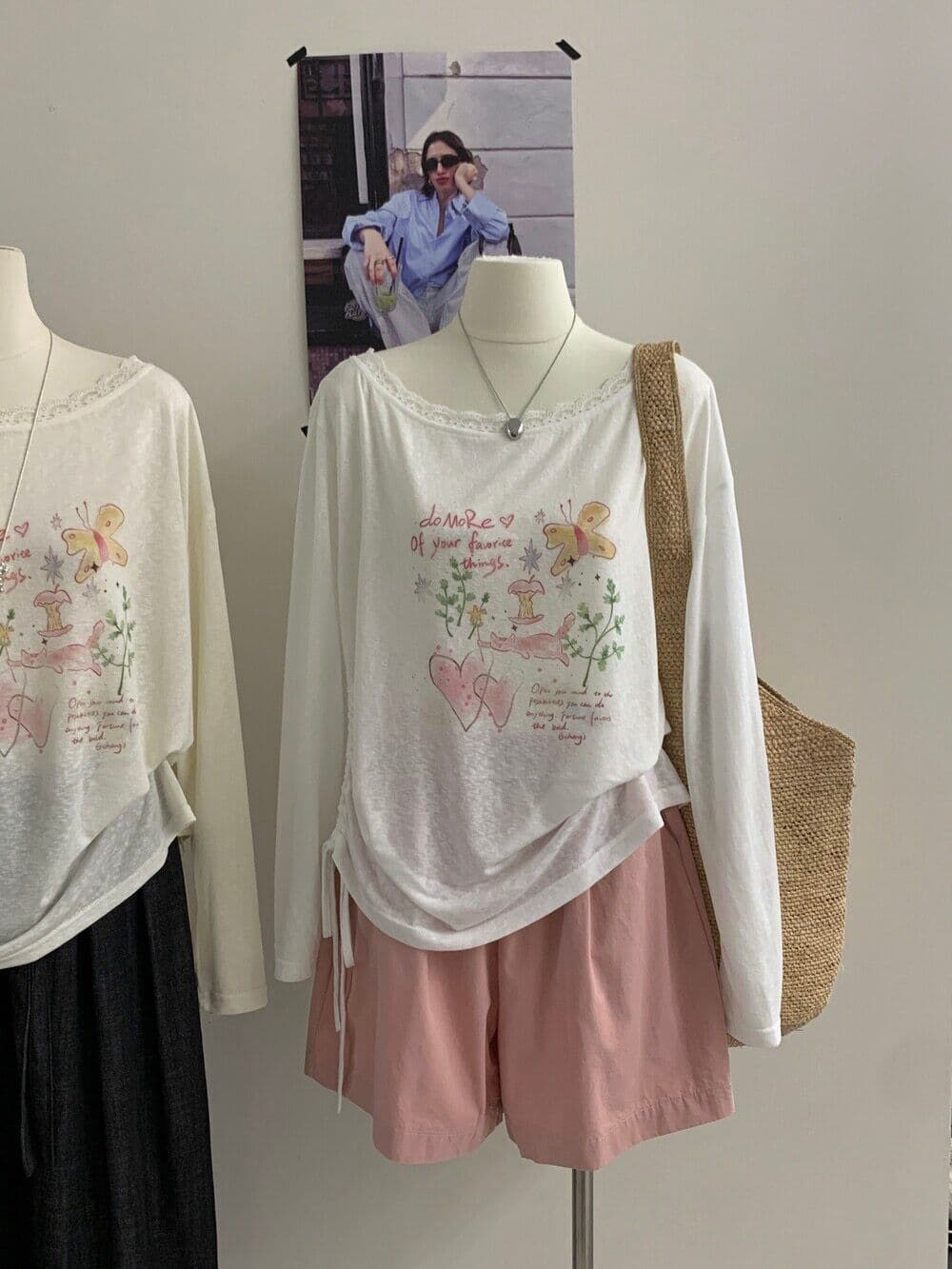 정가 프린트 눈꽃 면 특별 빅 사이즈 200 kg 새로운 비스듬한 어깨 펌프 Pleat 레이스 측면 자외선 차단 티셔츠 이미지 3