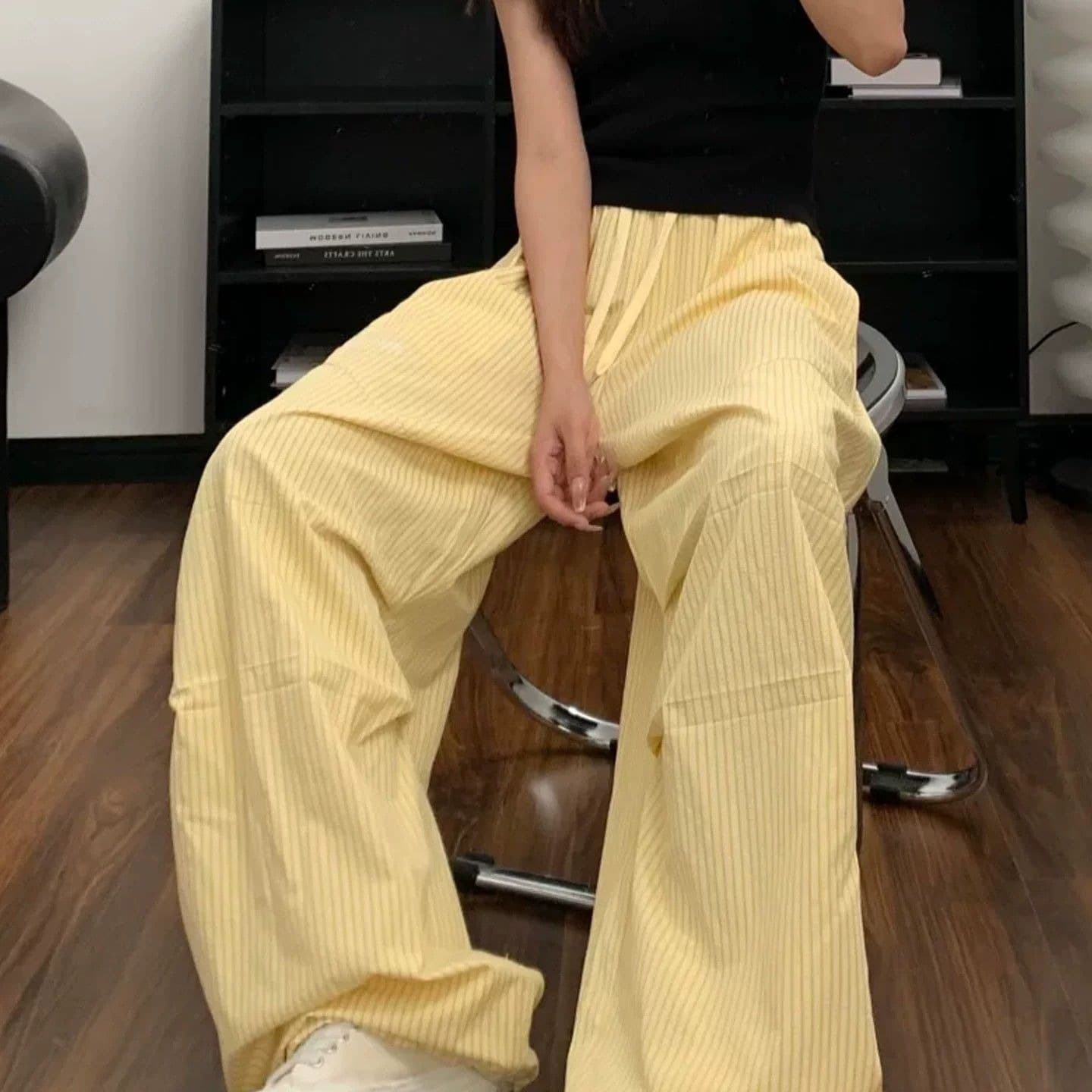 3 차원 허리 머리 스트라이프 워크웨어 와이드 레깅스 바지 여름 얇은 하이웨이스트 루즈핏 슬림해 보이는 차가운 바람의 소리 바람 낙하산 병 아웃도어 팬츠 이미지 5