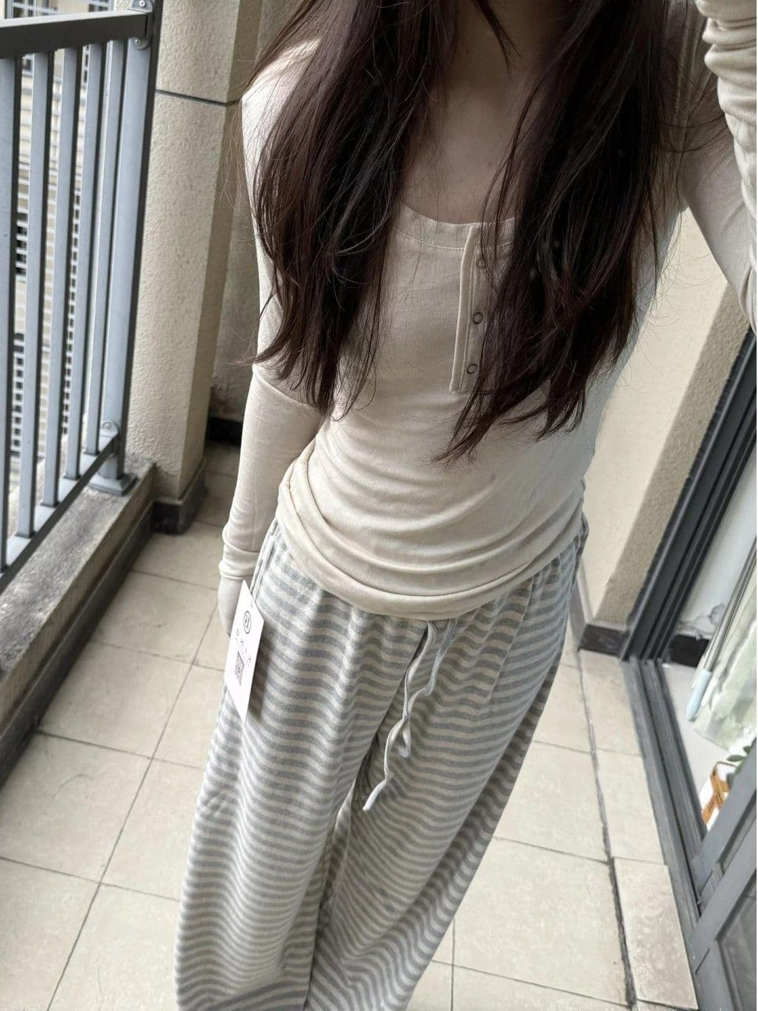 부드러운 찹쌀 편안함 회색 스트라이프 캐주얼 바지 여성 여름 얇은 스타일 루즈핏 슬림해 보이는 운동 다용도 느긋한 스트레이트 와이드 레그 팬츠 상세 이미지 6