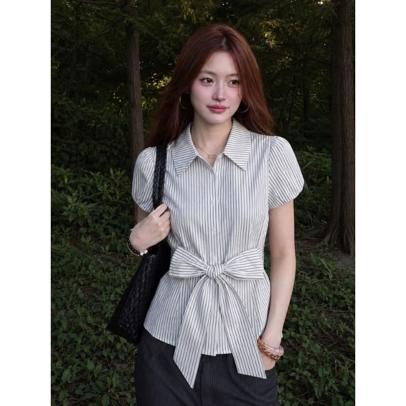원본 것 스트라이프 반팔 여성 셔츠 여름 허리 수축 POLO 칼라 단추 맨위 허리 수축 여성 셔츠 이미지 2