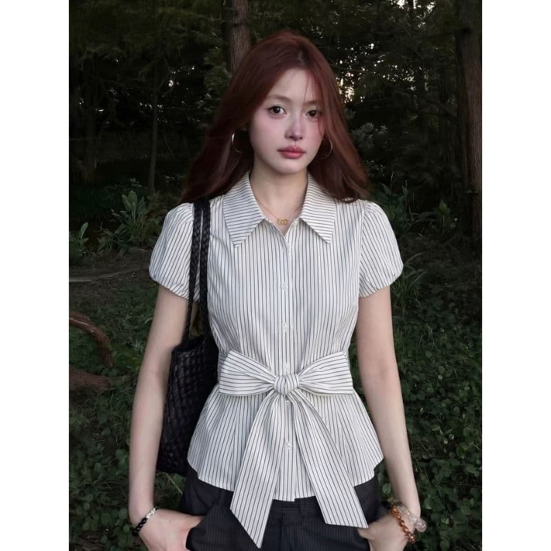 원본 것 스트라이프 반팔 여성 셔츠 여름 허리 수축 POLO 칼라 단추 맨위 허리 수축 여성 셔츠 이미지 4