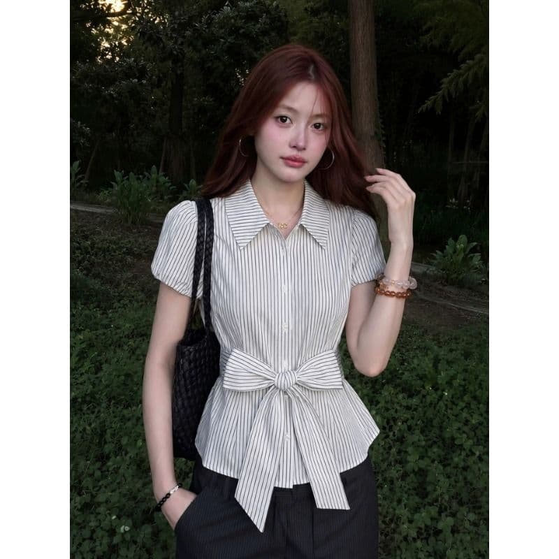 원본 것 스트라이프 반팔 여성 셔츠 여름 허리 수축 POLO 칼라 단추 맨위 허리 수축 여성 셔츠 이미지 3