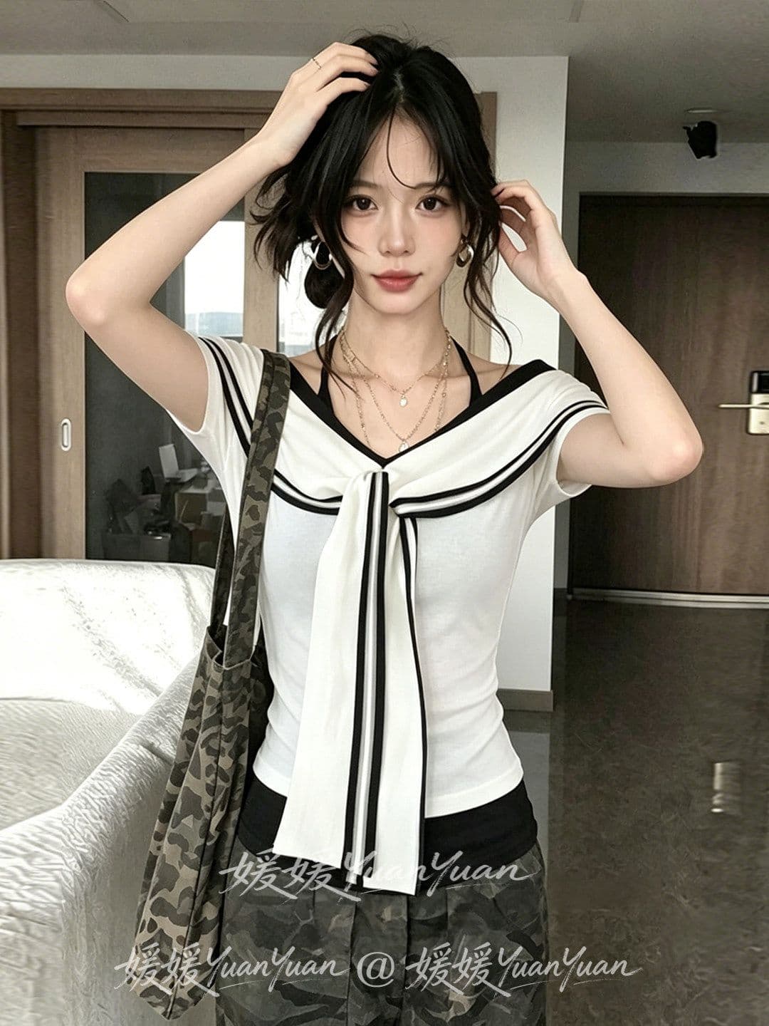와 사고 방식 한 부서 해군 칼라 배색 반팔 티셔츠 여성 여름 새로운 몸매 가꾸기 스트랩 디자인 센스 맨위 상세 이미지 7
