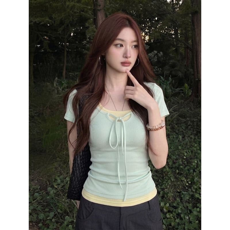 와 사고 방식 한 부서 박하 녹색 페이크 레이어드 광장 칼라 반팔 티셔츠 여성 여름 디자인 센스 핫걸 맨위 이미지 5