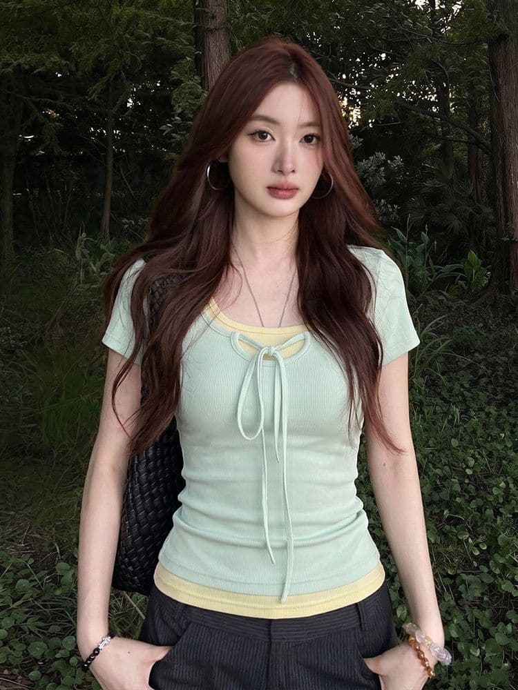 와 사고 방식 한 부서 박하 녹색 페이크 레이어드 광장 칼라 반팔 티셔츠 여성 여름 디자인 센스 핫걸 맨위 상세 이미지 2