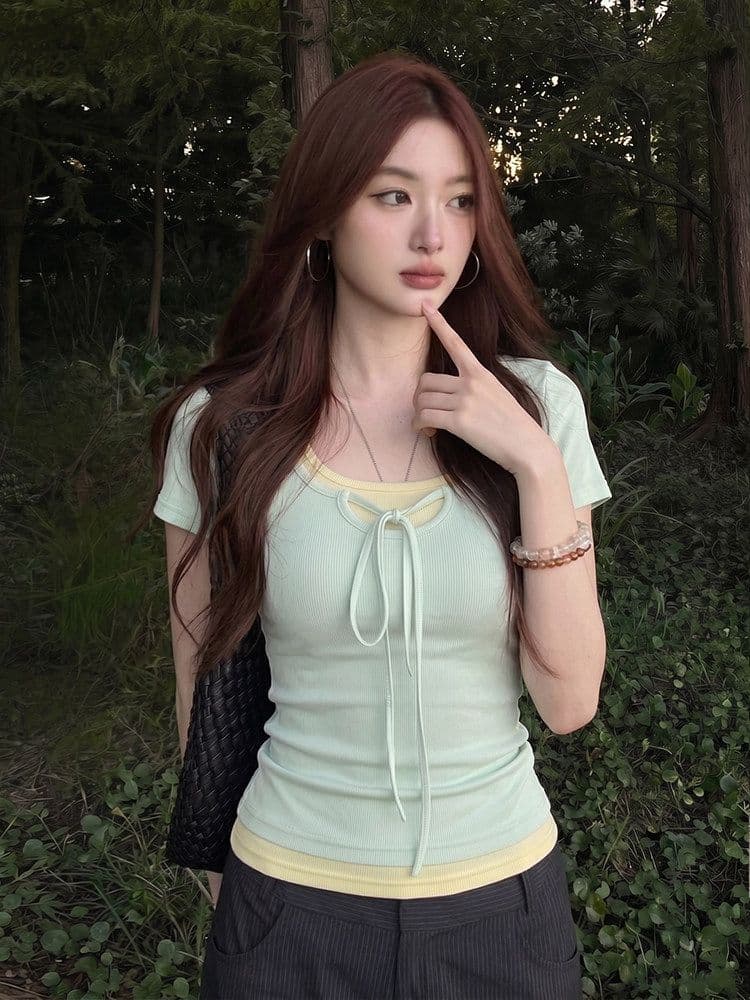 와 사고 방식 한 부서 박하 녹색 페이크 레이어드 광장 칼라 반팔 티셔츠 여성 여름 디자인 센스 핫걸 맨위 상세 이미지 3