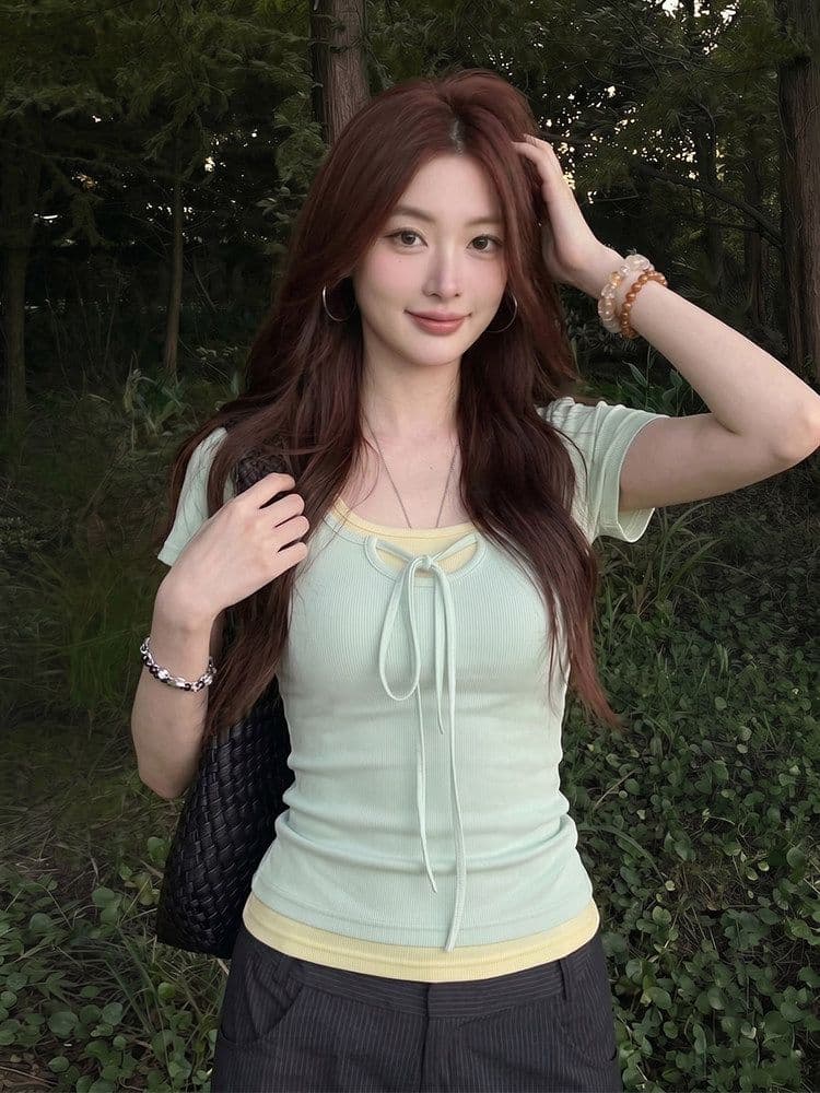 와 사고 방식 한 부서 박하 녹색 페이크 레이어드 광장 칼라 반팔 티셔츠 여성 여름 디자인 센스 핫걸 맨위 상세 이미지 5