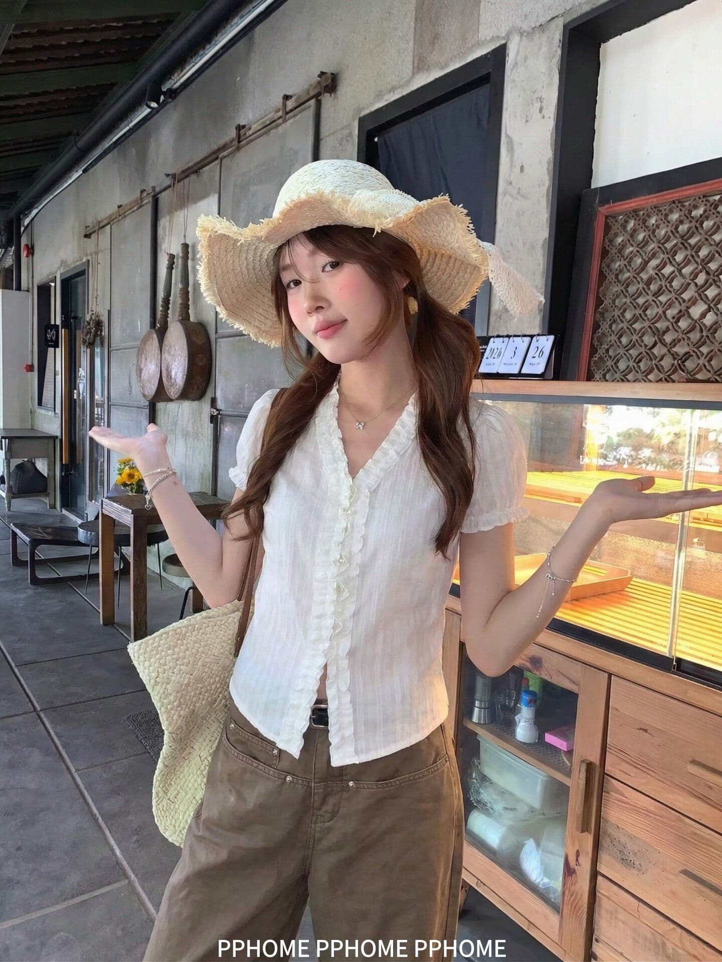 원본 자카드 있음 네리 한 부서 질감 센스 레이스 셔츠 V넥 거품 소매 다용도 셔츠 맨위 상세 이미지 3
