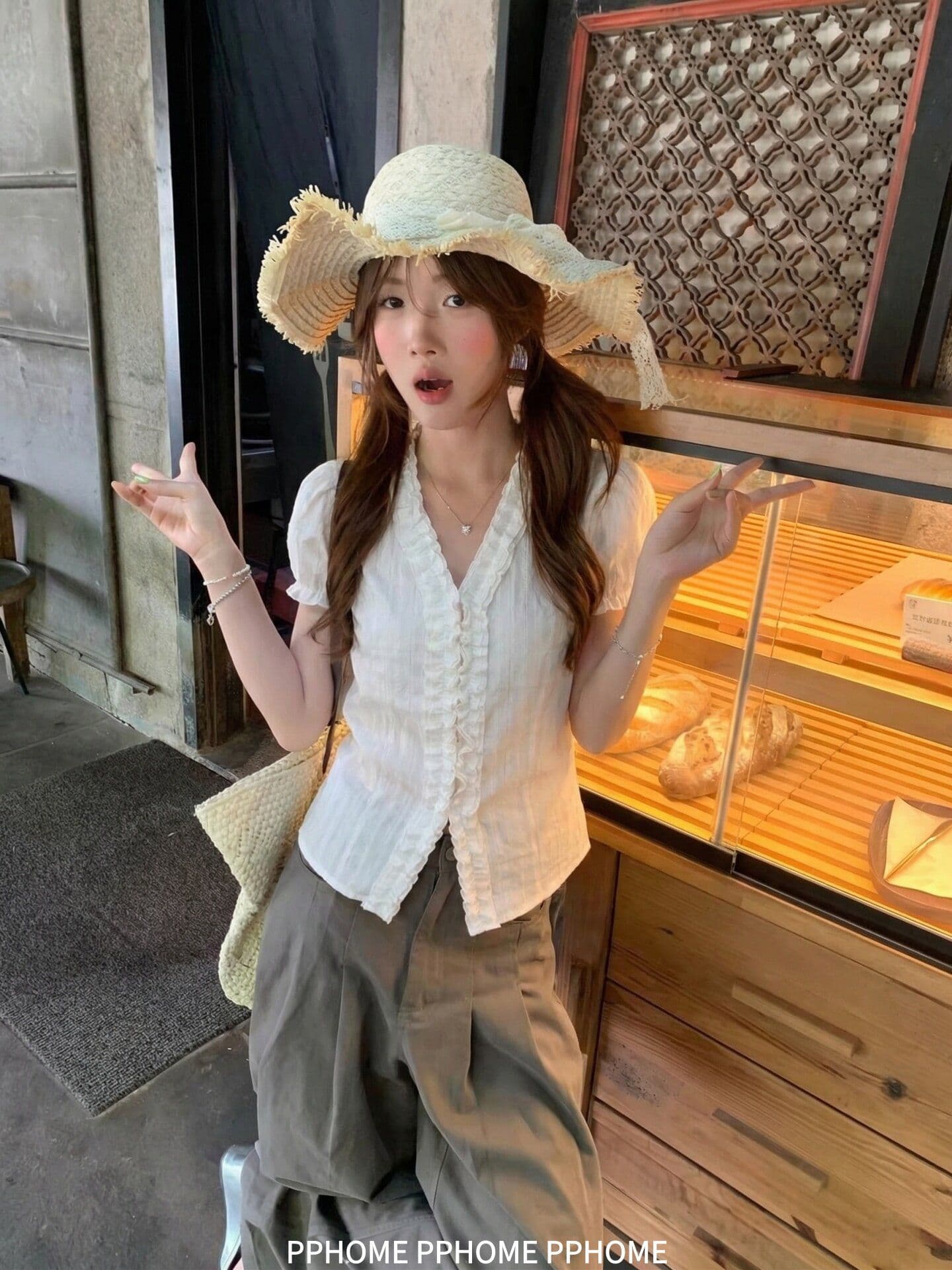 원본 자카드 있음 네리 한 부서 질감 센스 레이스 셔츠 V넥 거품 소매 다용도 셔츠 맨위 상세 이미지 4