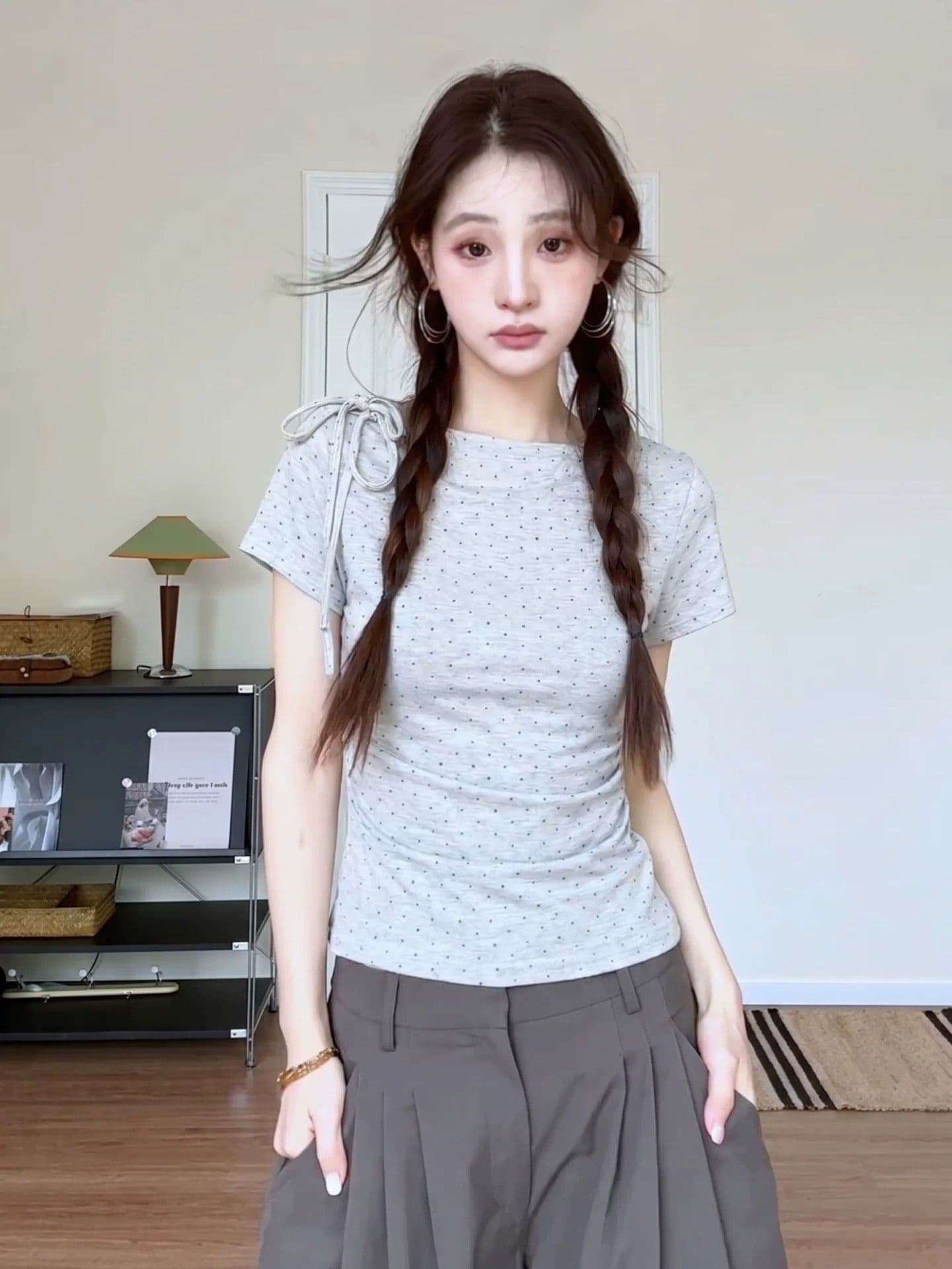 사람들 면 40 색상 회색 리브 여름 새로운 아메리칸 핫걸 바람 주름 허리 수축 슬림해 보이는 맨위 상세 이미지 2