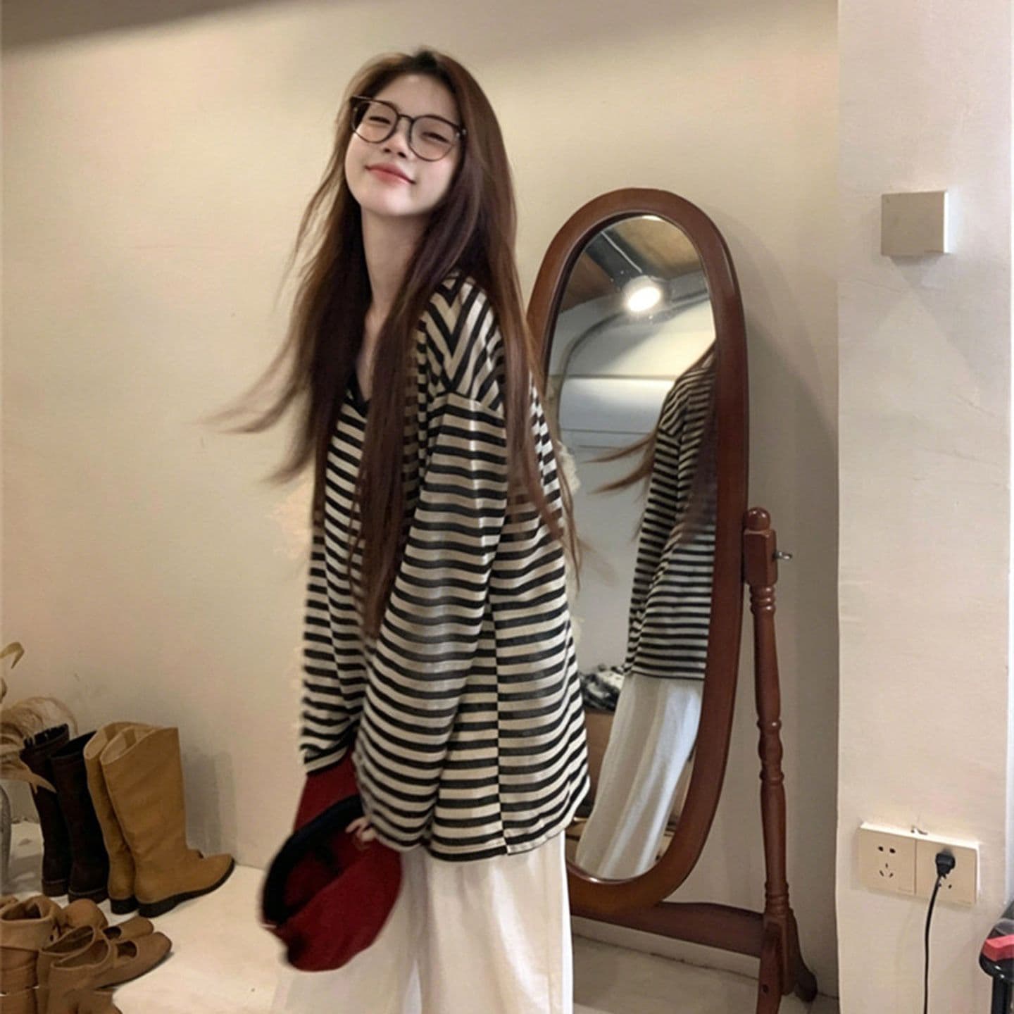 120 그램 50 라이 경기 서울 50 폴리 에스터 아메리칸 레트로 스트라이프 긴팔 티셔츠 여성 여름 연령 감소 느긋한 바람 다용도 맨위 이미지 2
