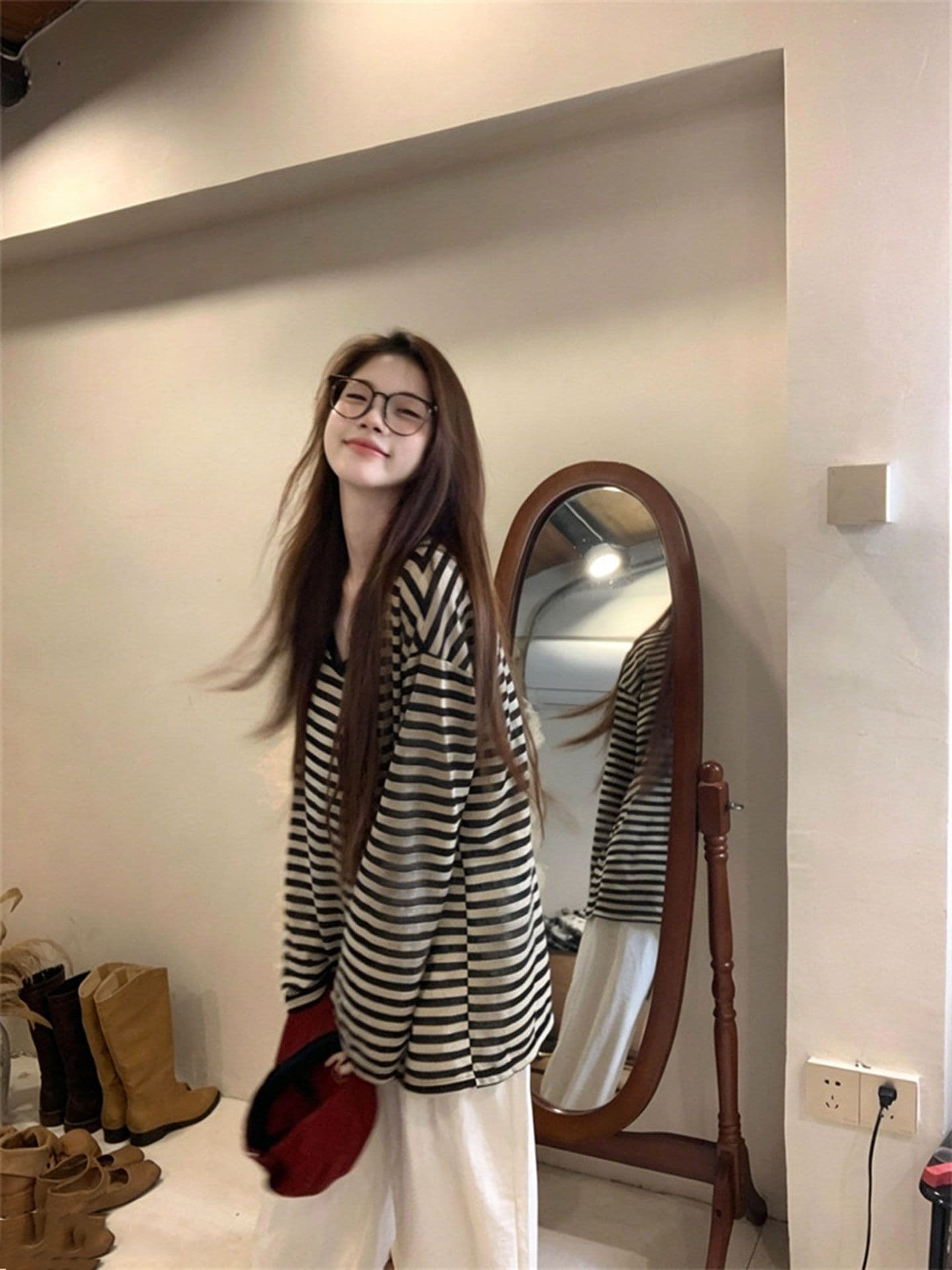 120 그램 50 라이 경기 서울 50 폴리 에스터 아메리칸 레트로 스트라이프 긴팔 티셔츠 여성 여름 연령 감소 느긋한 바람 다용도 맨위 상세 이미지 5