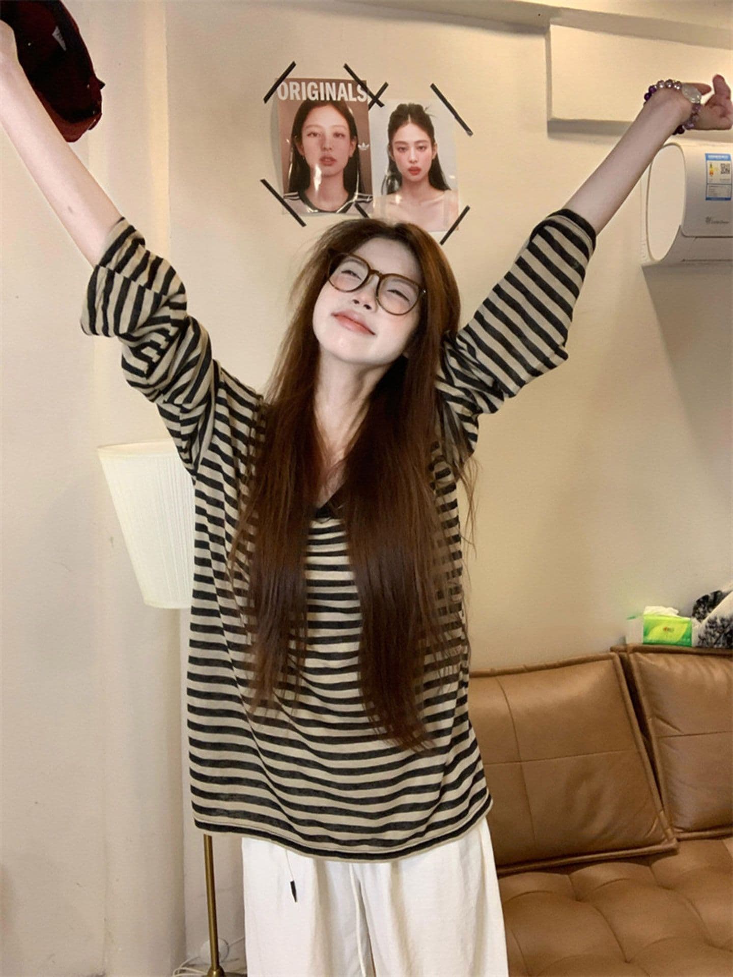 120 그램 50 라이 경기 서울 50 폴리 에스터 아메리칸 레트로 스트라이프 긴팔 티셔츠 여성 여름 연령 감소 느긋한 바람 다용도 맨위 상세 이미지 6
