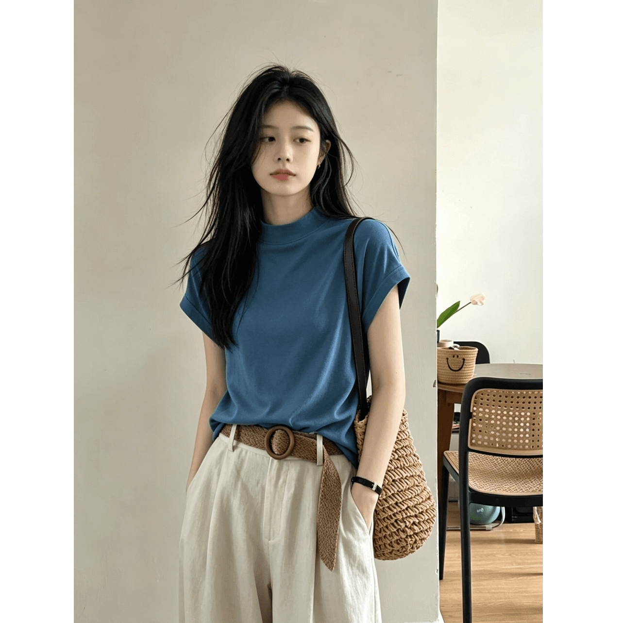 220 그램 물 부드러운 면 95 면 5 암모니아 Lun 반하이넥 반팔 티셔츠 여성 여름 새로운 루즈핏 작은 대중 Chic 맨위 이미지 5