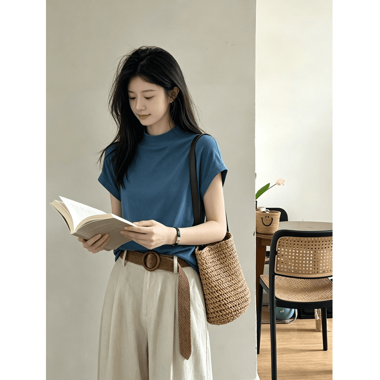 220 그램 물 부드러운 면 95 면 5 암모니아 Lun 반하이넥 반팔 티셔츠 여성 여름 새로운 루즈핏 작은 대중 Chic 맨위 이미지 2