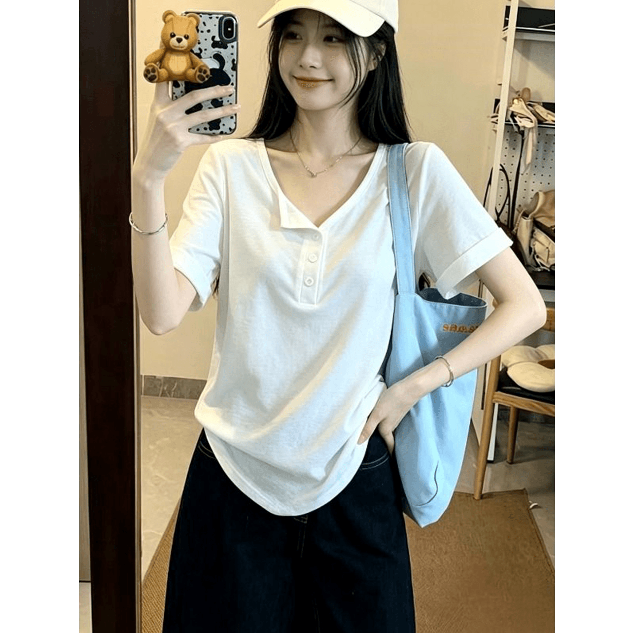165 그램 눈꽃 면 65 면 35 폴리 에스터 반팔 티셔츠 여성 여름 루즈핏 슬림해 보이는 다용도 캐주얼 느긋한 단색 맨위 이미지 2