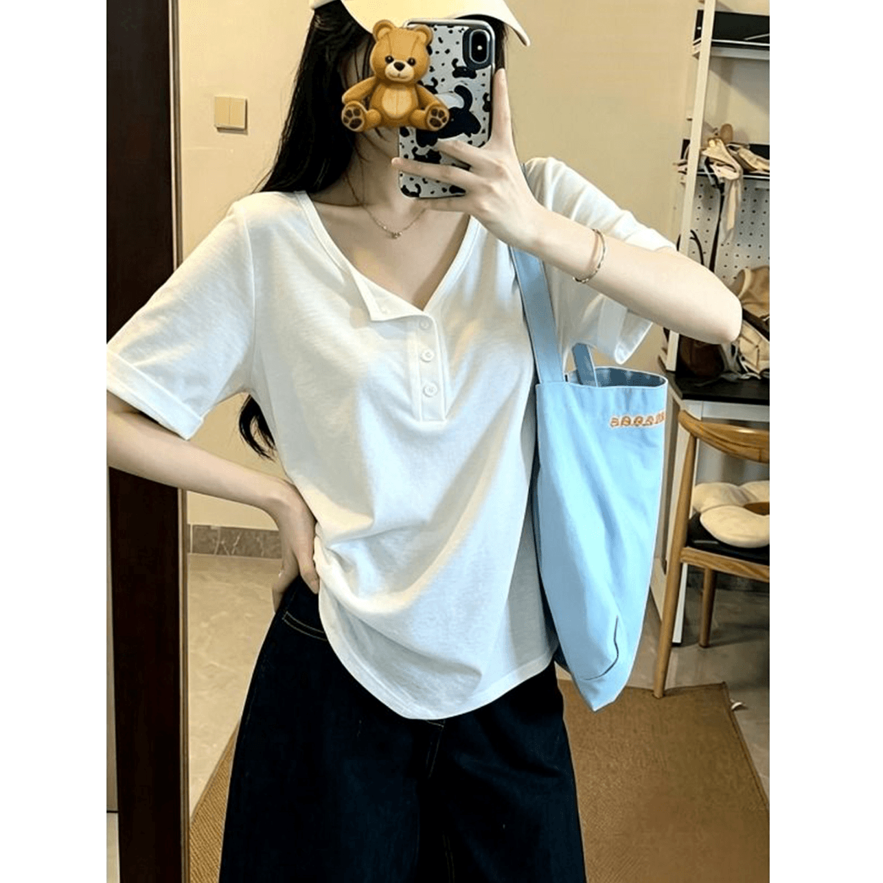 165 그램 눈꽃 면 65 면 35 폴리 에스터 반팔 티셔츠 여성 여름 루즈핏 슬림해 보이는 다용도 캐주얼 느긋한 단색 맨위 이미지 4