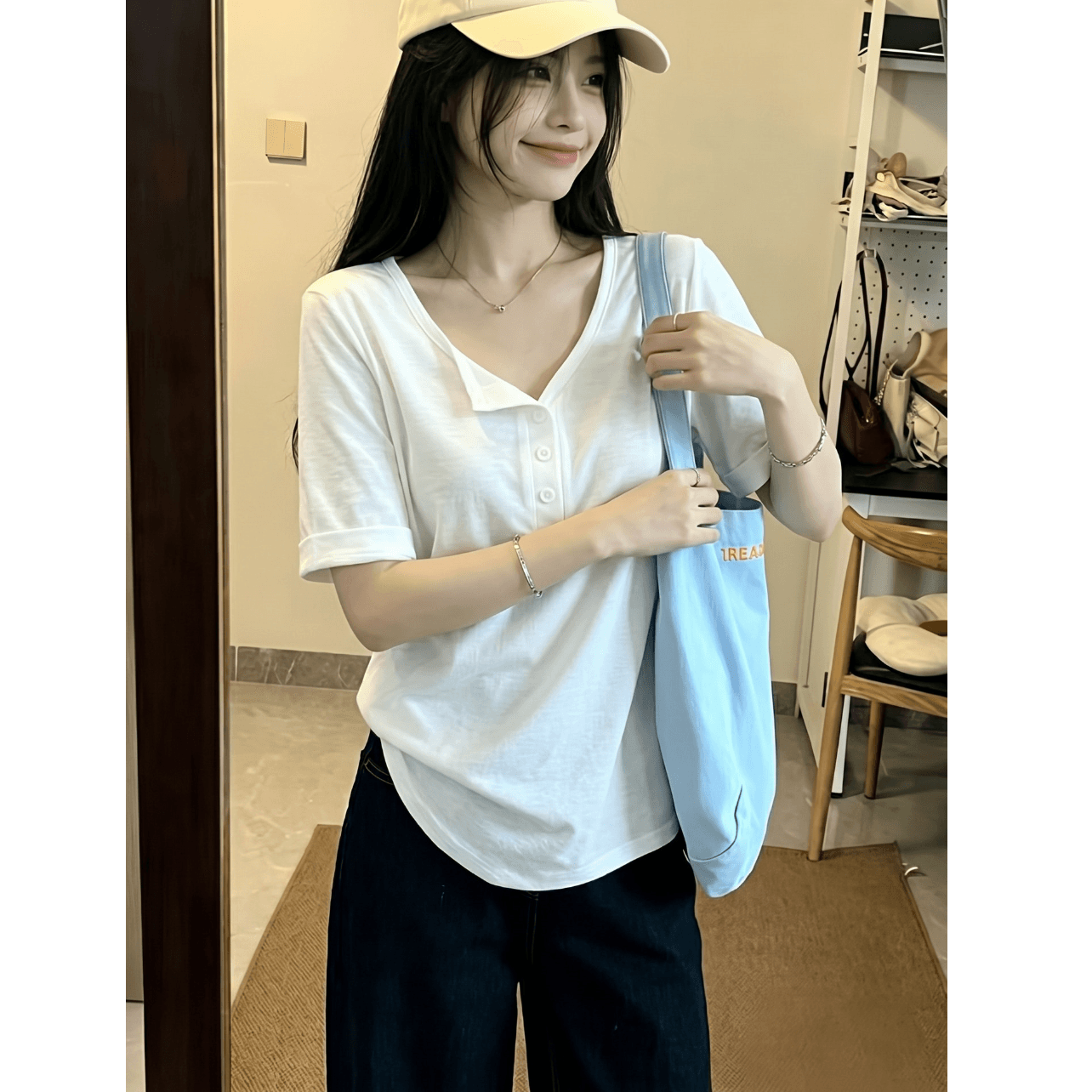 165 그램 눈꽃 면 65 면 35 폴리 에스터 반팔 티셔츠 여성 여름 루즈핏 슬림해 보이는 다용도 캐주얼 느긋한 단색 맨위 이미지 3