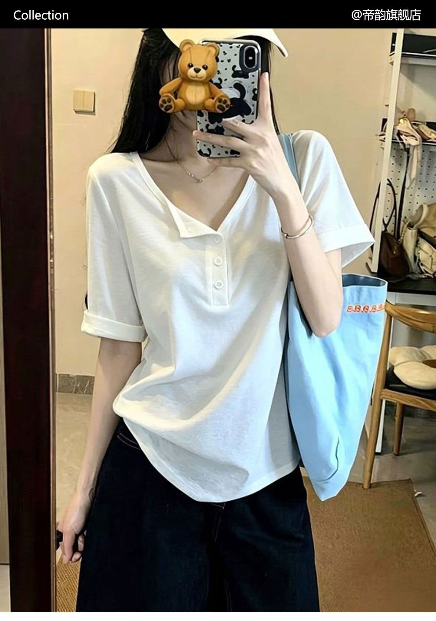 165 그램 눈꽃 면 65 면 35 폴리 에스터 반팔 티셔츠 여성 여름 루즈핏 슬림해 보이는 다용도 캐주얼 느긋한 단색 맨위 상세 이미지 2