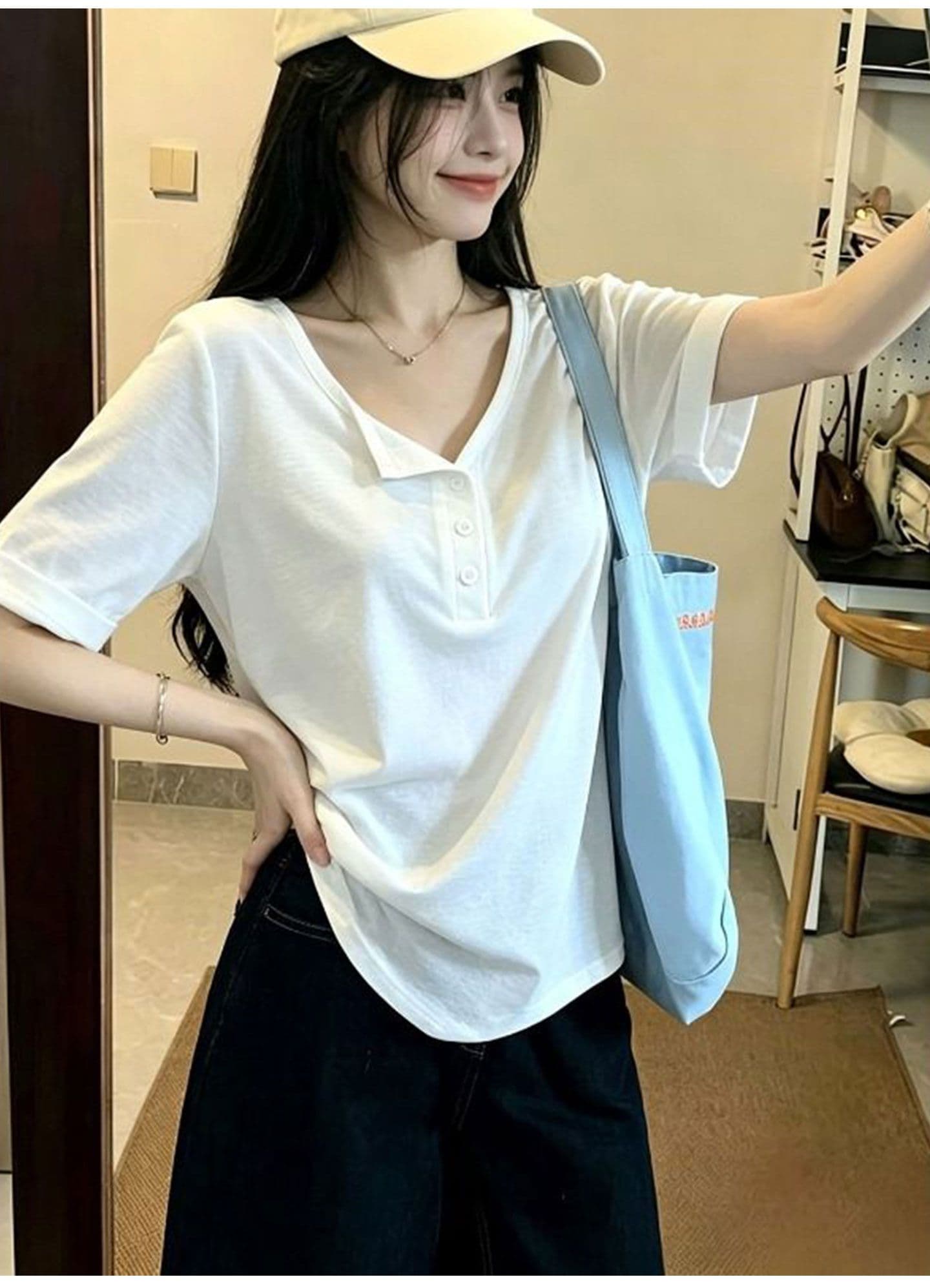 165 그램 눈꽃 면 65 면 35 폴리 에스터 반팔 티셔츠 여성 여름 루즈핏 슬림해 보이는 다용도 캐주얼 느긋한 단색 맨위 상세 이미지 3