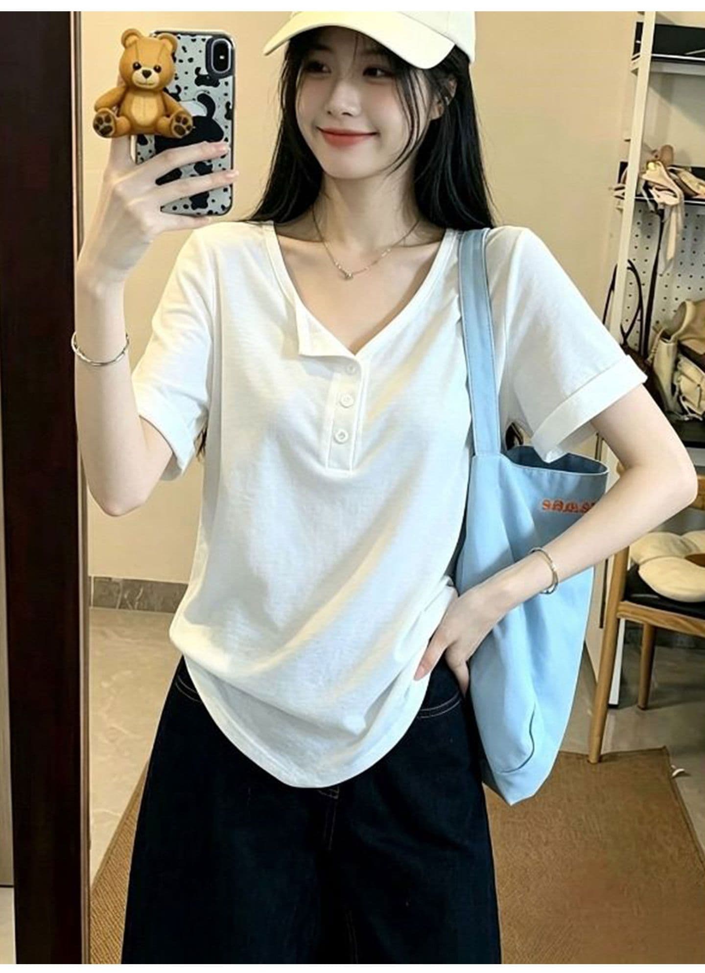 165 그램 눈꽃 면 65 면 35 폴리 에스터 반팔 티셔츠 여성 여름 루즈핏 슬림해 보이는 다용도 캐주얼 느긋한 단색 맨위 상세 이미지 5