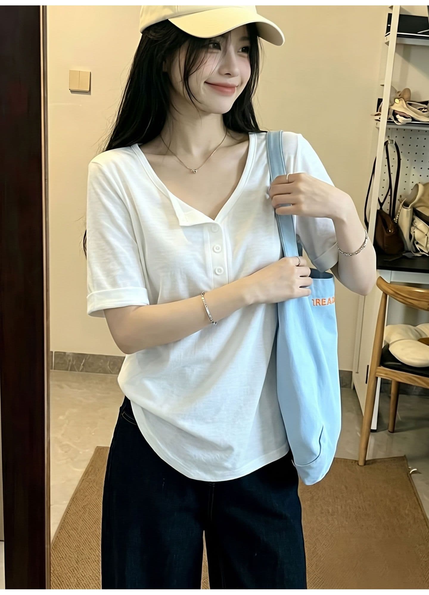 165 그램 눈꽃 면 65 면 35 폴리 에스터 반팔 티셔츠 여성 여름 루즈핏 슬림해 보이는 다용도 캐주얼 느긋한 단색 맨위 상세 이미지 6