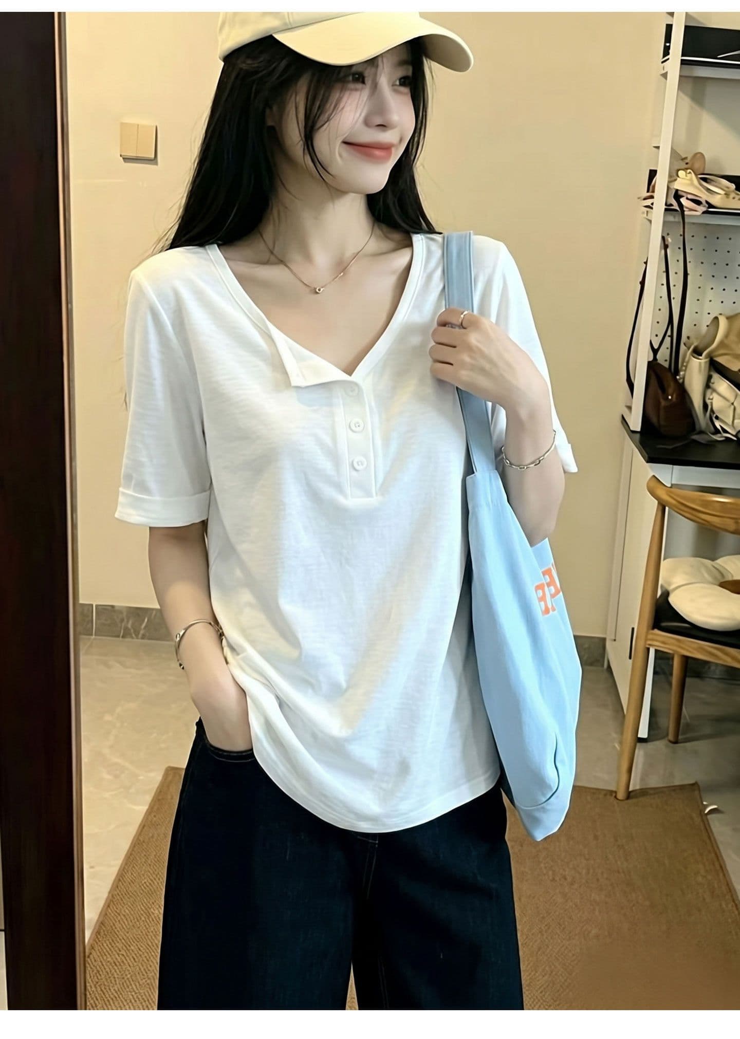 165 그램 눈꽃 면 65 면 35 폴리 에스터 반팔 티셔츠 여성 여름 루즈핏 슬림해 보이는 다용도 캐주얼 느긋한 단색 맨위 상세 이미지 7