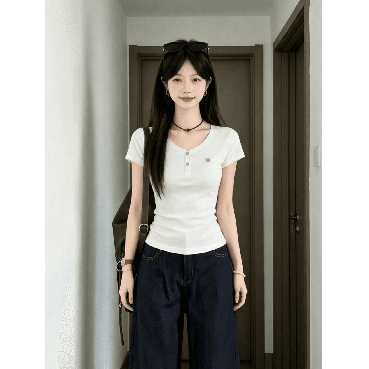 220 그램 물 부드러운 면 95 면 5 암모니아 Lun 아메리칸 V넥 티셔츠 여성 여름 긍정적 인 어깨 반팔 몸매 가꾸기 슬림해 보이는 맨위 이미지 2