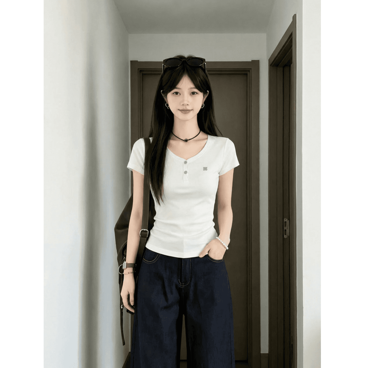 220 그램 물 부드러운 면 95 면 5 암모니아 Lun 아메리칸 V넥 티셔츠 여성 여름 긍정적 인 어깨 반팔 몸매 가꾸기 슬림해 보이는 맨위 이미지 4