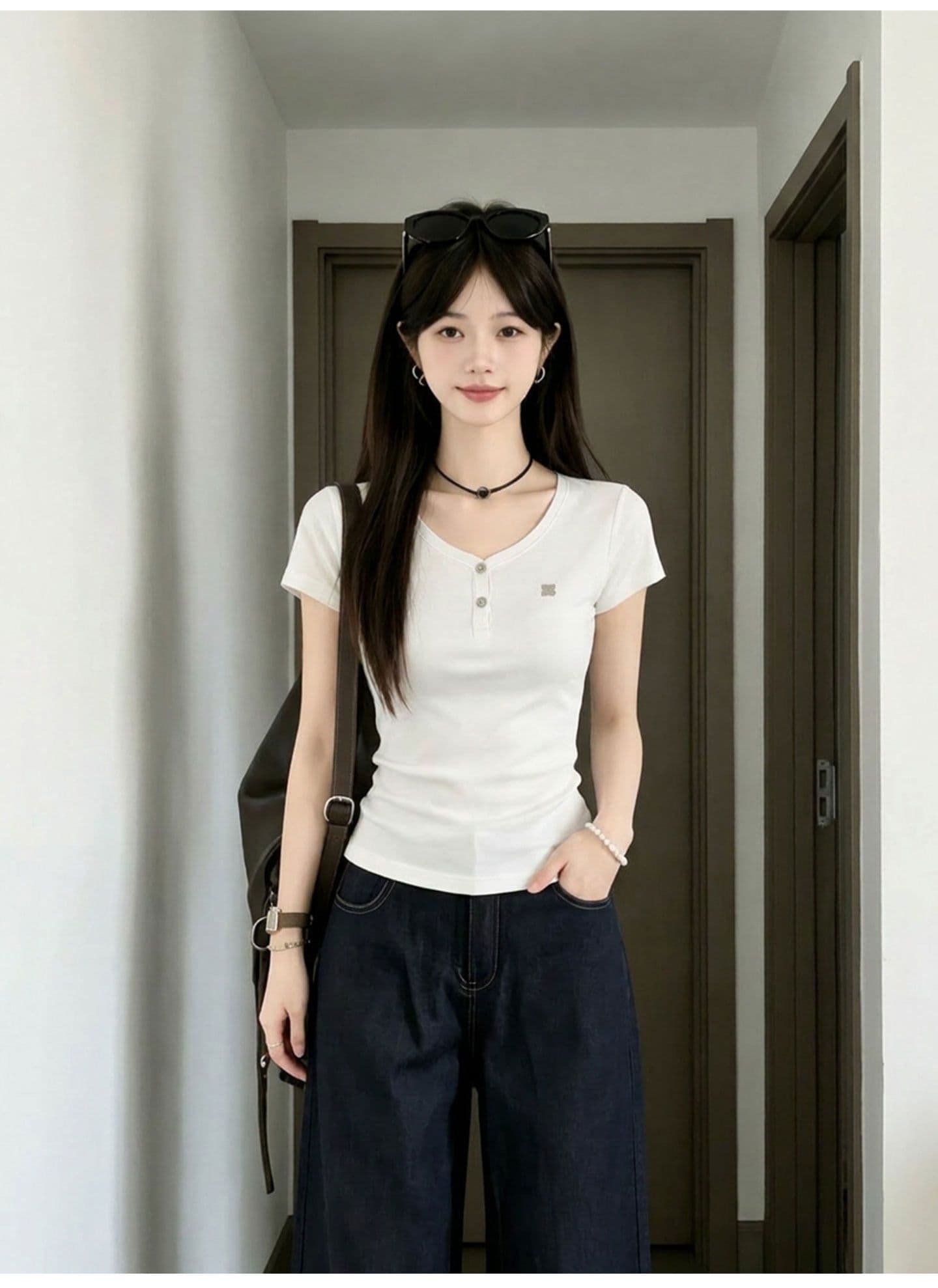 220 그램 물 부드러운 면 95 면 5 암모니아 Lun 아메리칸 V넥 티셔츠 여성 여름 긍정적 인 어깨 반팔 몸매 가꾸기 슬림해 보이는 맨위 상세 이미지 4