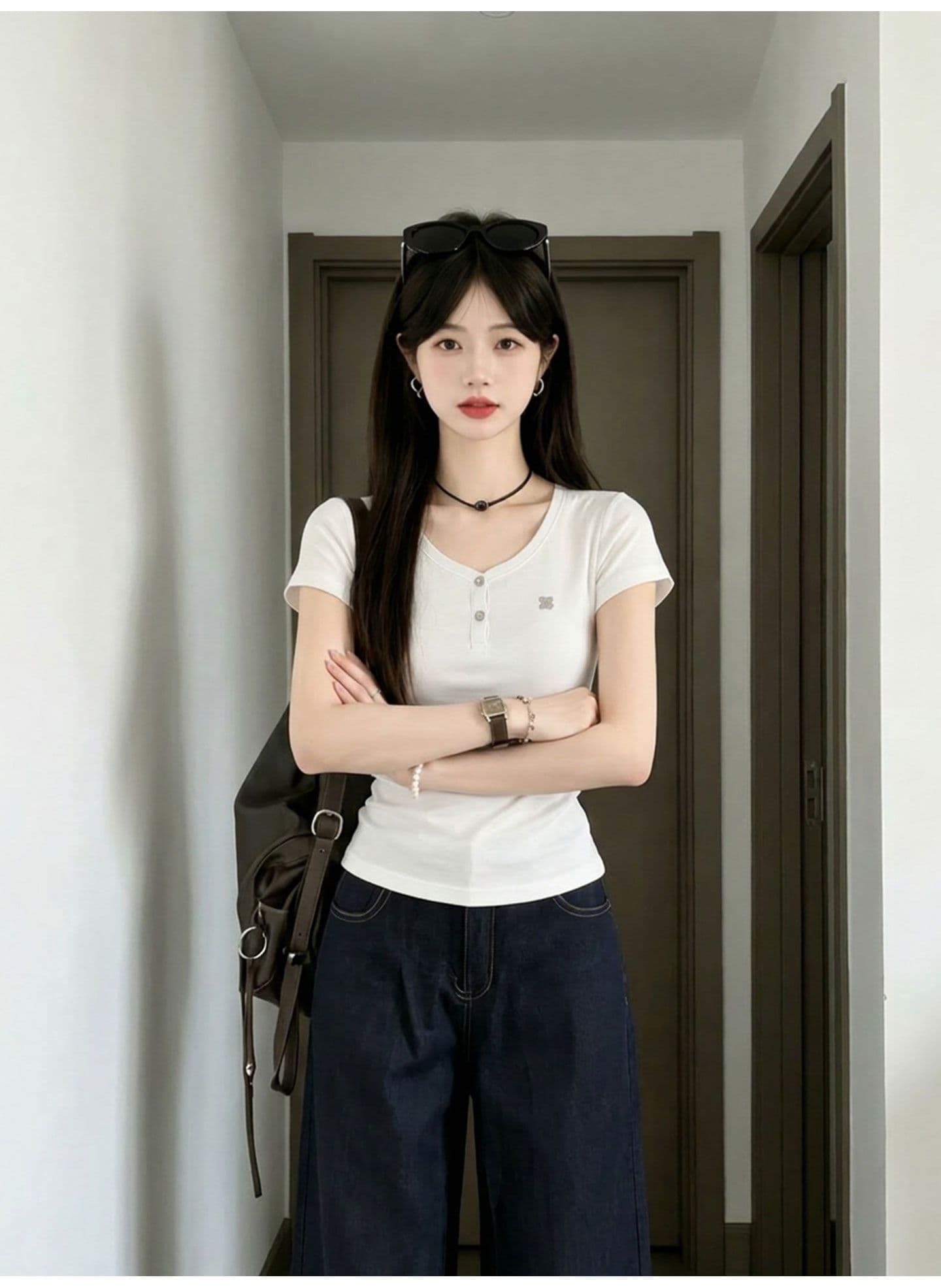 220 그램 물 부드러운 면 95 면 5 암모니아 Lun 아메리칸 V넥 티셔츠 여성 여름 긍정적 인 어깨 반팔 몸매 가꾸기 슬림해 보이는 맨위 상세 이미지 5