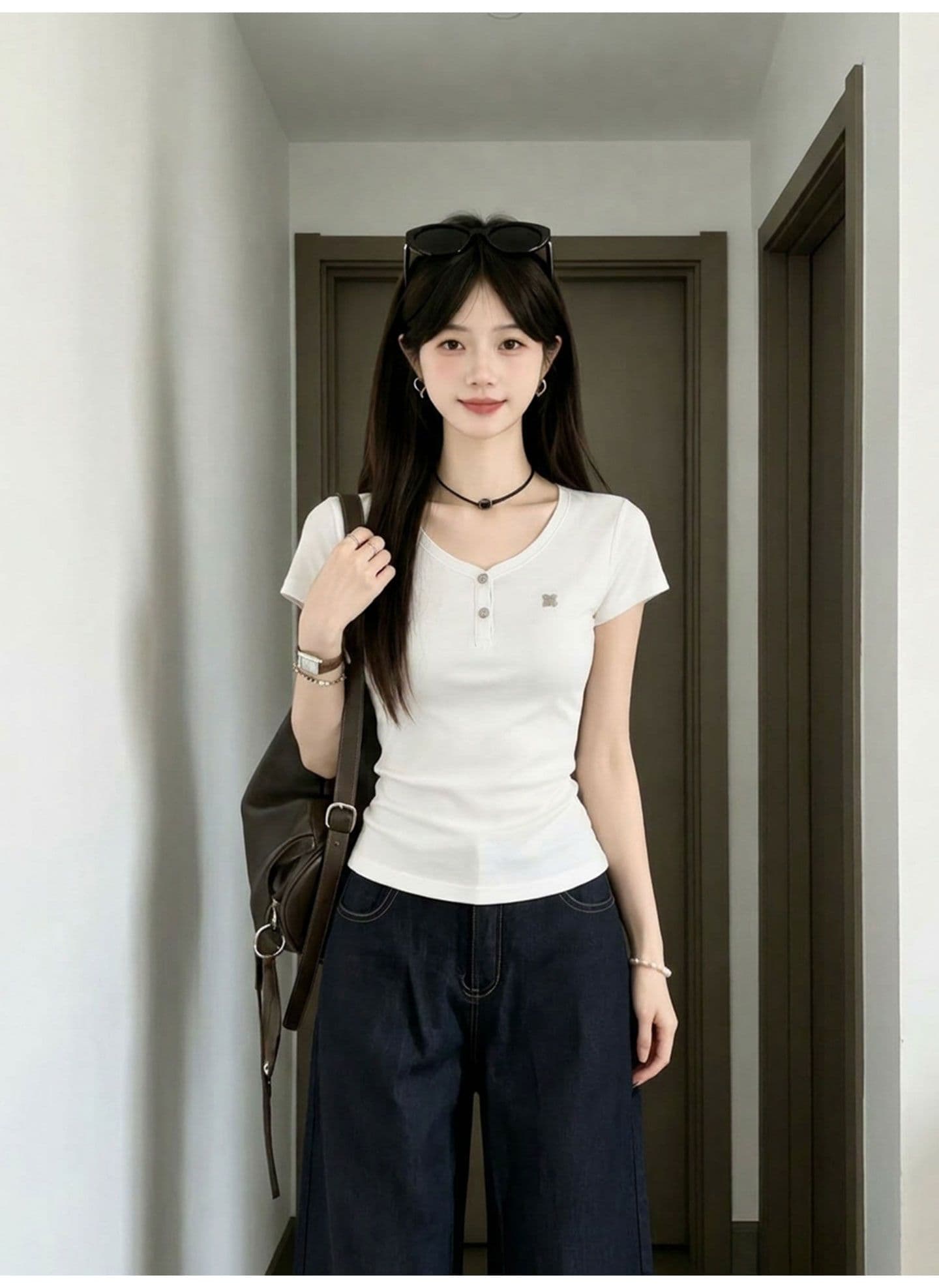 220 그램 물 부드러운 면 95 면 5 암모니아 Lun 아메리칸 V넥 티셔츠 여성 여름 긍정적 인 어깨 반팔 몸매 가꾸기 슬림해 보이는 맨위 상세 이미지 6