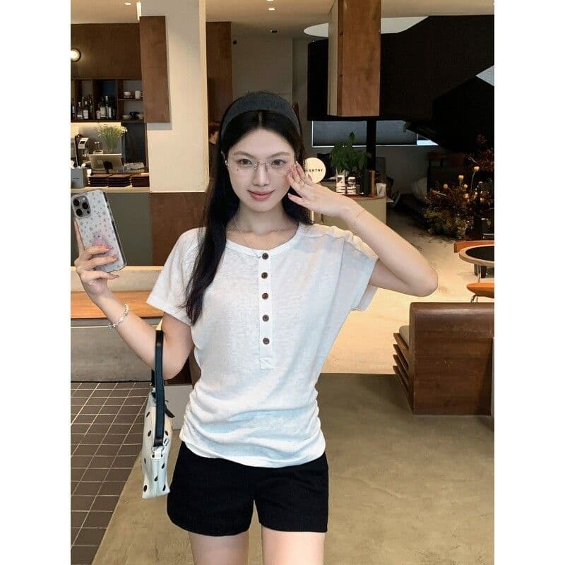 200그램 게으른 면 65 면 35 폴리 에스터 라운드 넥 긍정적 인 어깨 반팔 티셔츠 여성 여름 새로운 작은 대중 허리 수축 슬림해 보이는 맨위 상세 이미지 2