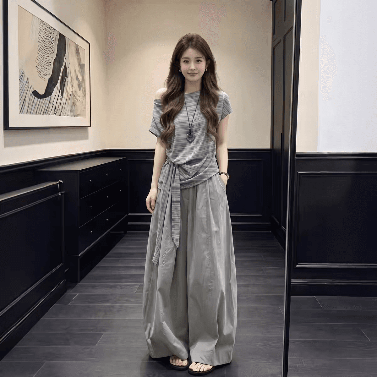 한 부서 그레이트 통해보기 가져 가라. 전체 집합 2026 새로운 검정색 비스듬한 어깨 반팔 티셔츠 여성 여름 와이드 레그 팬츠 세트 상세 이미지 6