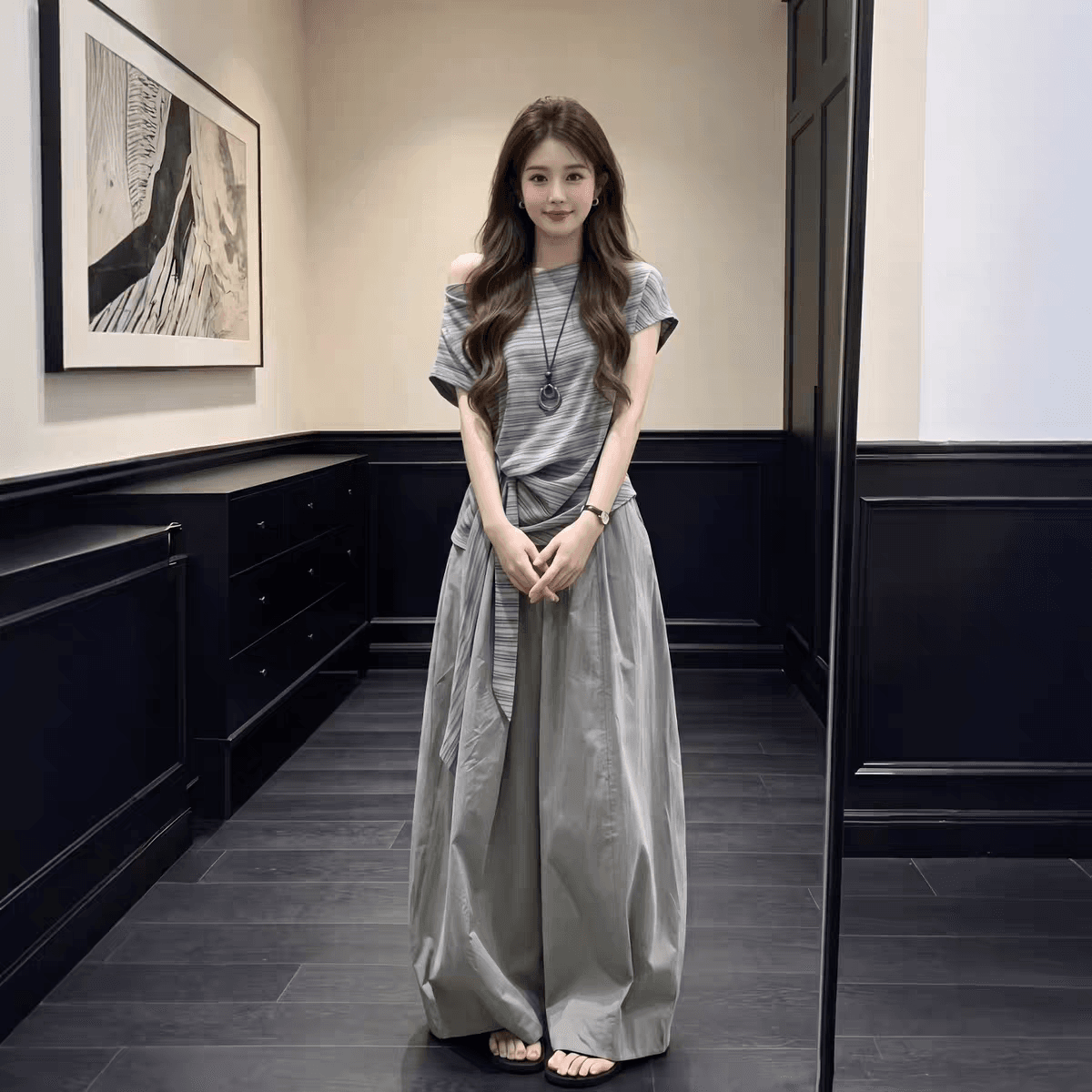 한 부서 그레이트 통해보기 가져 가라. 전체 집합 2026 새로운 검정색 비스듬한 어깨 반팔 티셔츠 여성 여름 와이드 레그 팬츠 세트 상세 이미지 8