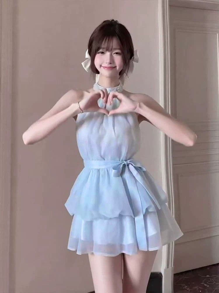 세트 인사이드 이후 중 투명 지퍼 프랑스식 나비 매듭 민소매 행침 목 여성 드레스 여름 허리 수축 슬림해 보이는 케이크 미니 스커트 상세 이미지 10