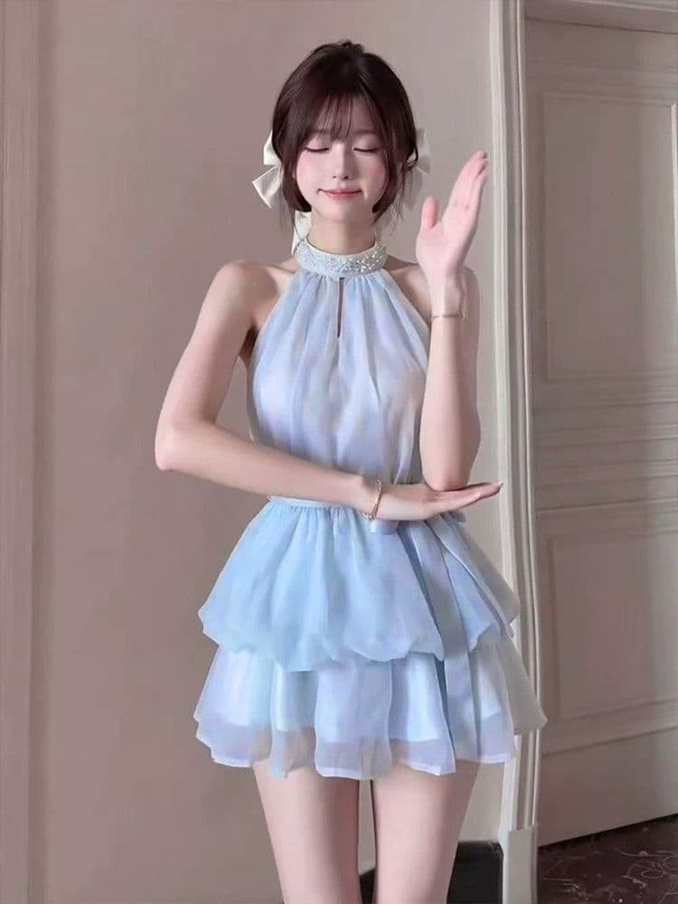 세트 인사이드 이후 중 투명 지퍼 프랑스식 나비 매듭 민소매 행침 목 여성 드레스 여름 허리 수축 슬림해 보이는 케이크 미니 스커트 상세 이미지 11