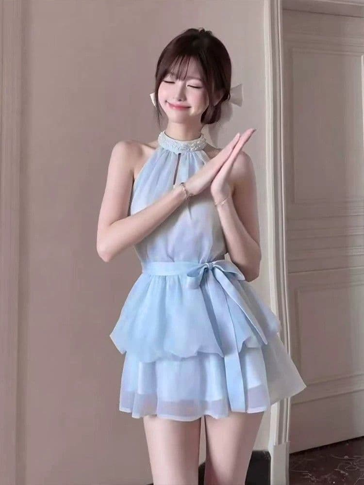 세트 인사이드 이후 중 투명 지퍼 프랑스식 나비 매듭 민소매 행침 목 여성 드레스 여름 허리 수축 슬림해 보이는 케이크 미니 스커트 상세 이미지 12