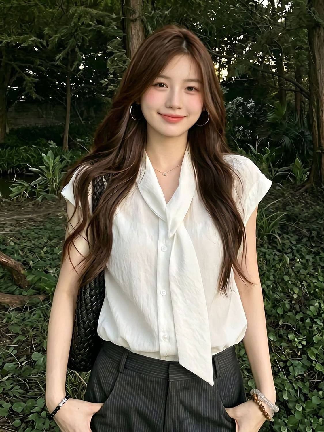 폴리 에스터 브로케이드 주름 트렌드 패션 품격 화이트 민소매 여성 셔츠 봄 여름 하이웨이스트 슬림해 보이는 캐주얼 맨위 상세 이미지 6