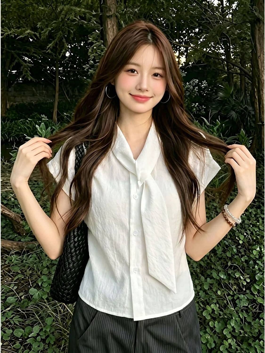 폴리 에스터 브로케이드 주름 트렌드 패션 품격 화이트 민소매 여성 셔츠 봄 여름 하이웨이스트 슬림해 보이는 캐주얼 맨위 상세 이미지 9