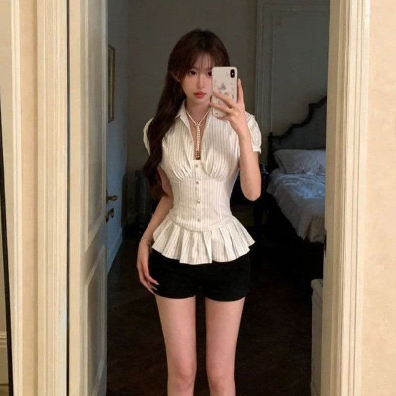 광저우 원본 품질 스트라이프 허리 수축 프릴 폴로 칼라 반팔 여성 셔츠 여름 뒤로 스트랩 맨위 이미지 3